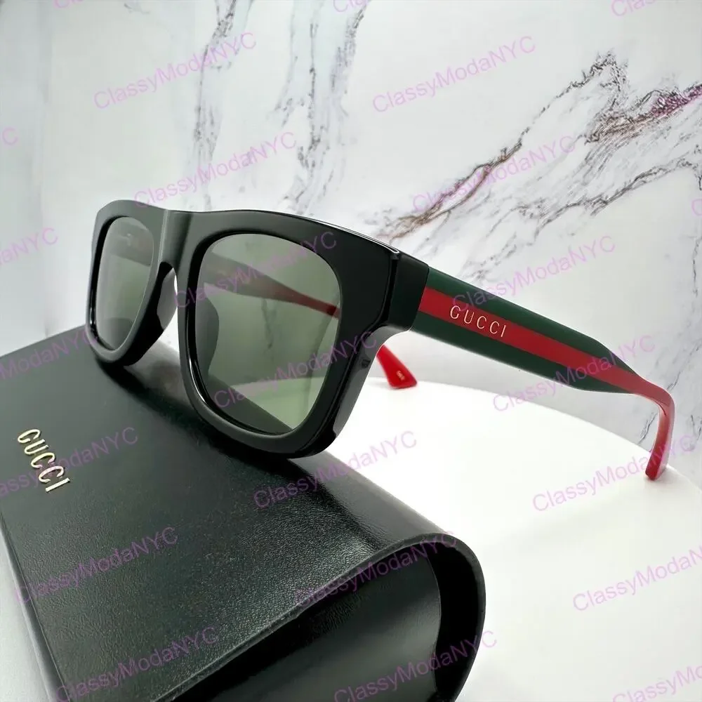 New GUCCI Sunglasses Mens 52mm Black Square Rectangle Aviator Red Green Web Arm